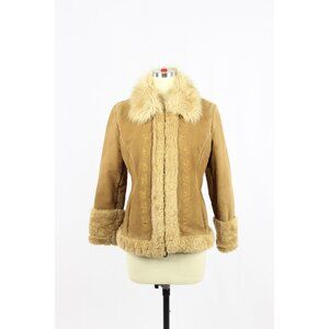Vintage 00's GUESS Tan Embroidered Leather Faux Fur Penny Lane Coat, Size S